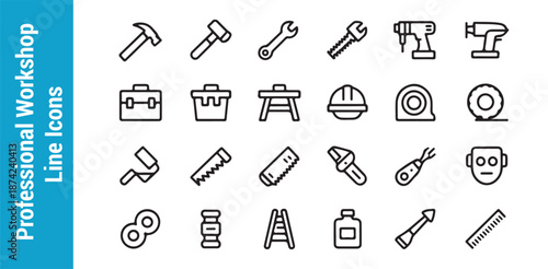 Handyman and workshop line icons set containing essential tools for home renovation and professional construction work