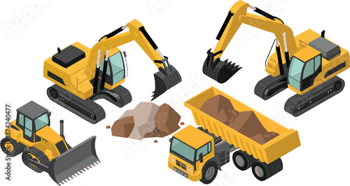 Isometric illustration of construction machinery including excavators, bulldozer, dump truck and rocks, heavy equipment working on construction and mining site