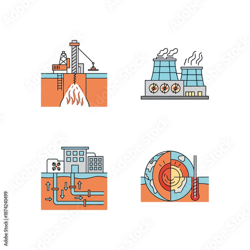 Geothermal Energy Production and Earths Core Heat Icons.