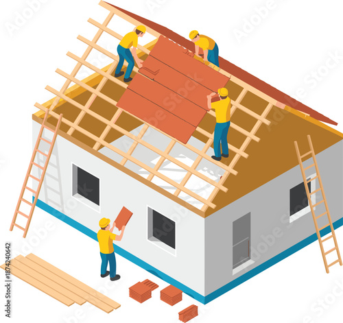 Isometric illustration of construction workers building house roof with tiles, teamwork, architecture, home renovation, structure, engineering and labor concept