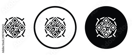 Three minimalist black and white QR code icons arranged horizontally on a transparent background. Left: standard square QR pattern. Center: QR inside thin white circle on black. Right: QR inside thick