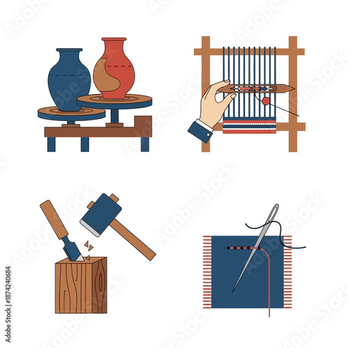 Set of four illustrations depicting various traditional crafts and handmade activities.