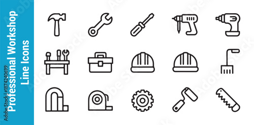 Professional workshop line icons set showcasing essential tools for various repair and construction tasks