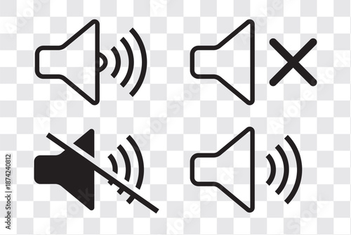 Sound volume icons set with different signal levels on white background. Аn icon that increases and reduces the sound. Speaker icon set. volume icon vector. loudspeaker icon vector. design eps 10