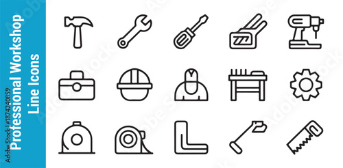Professional workshop line icons set depicting various tools and safety gear for hands-on projects