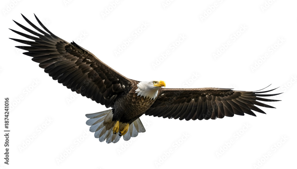 Obraz premium Majestic bald eagle soaring through the vast skies, wings outstretched in a powerful display of freedom and grace, embodying strength and the spirit of the wild