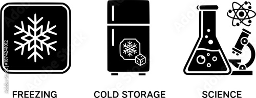 Black and white icons representing freezing, cold storage, and science
