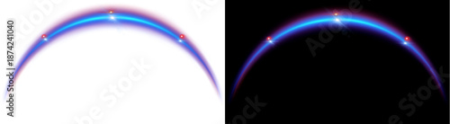 PNG image of Striking digital artwork features two vibrant glowing blue and red arching light streaks with bright lens flares on transparent background