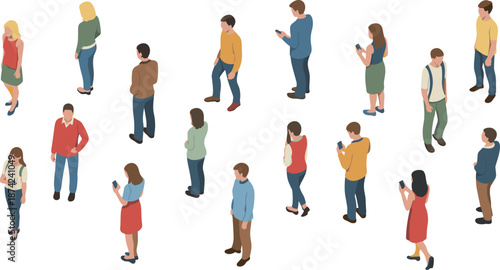 Isometric illustration of diverse people walking on white background, modern crowd concept showing various individuals commuting, business, casual, lifestyle activity, teamwork