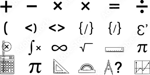 Mathematical symbols and icons isolated on a white background
