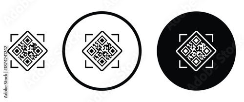Three minimalist black and white QR code icons arranged horizontally on a transparent background. Left: standard square QR pattern. Center: QR inside thin white circle on black. Right: QR inside thick