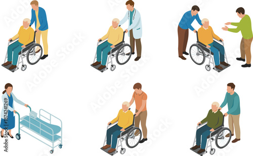 Isometric illustration of elderly care support, caregiver helping senior in wheelchair, nursing home assistance, healthcare compassion, rehabilitation and mobility aid