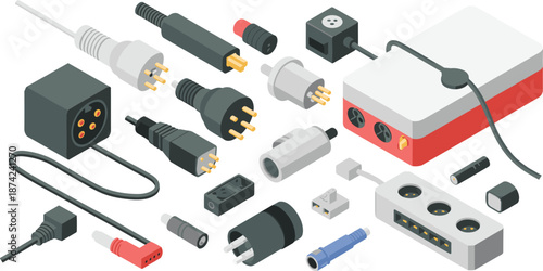 Isometric illustration of electric power cables and connectors, modern technology concept showing data transmission, charging plugs, and digital connection devices
