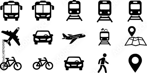 Black and white vector icons of train, railway, and other related objects

