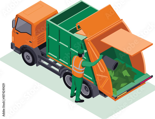 Isometric illustration of garbage truck collecting waste, sanitation worker loading trash bin, green and orange recycling vehicle, environmental cleanliness concept