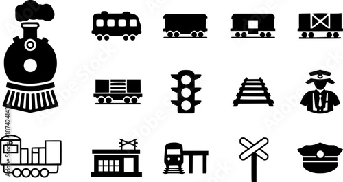 Black and white vector icons of train, railway, and other related objects
