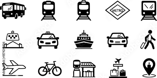Black and white vector icons of train, railway, and other related objects
