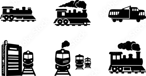 Black and white vector icons of train, railway, and other related objects
