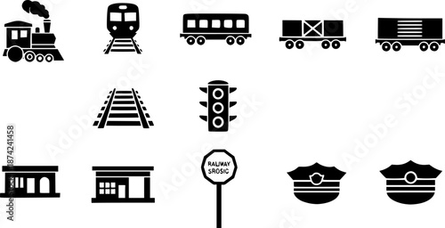 Black and white vector icons of train, railway, and other related objects
