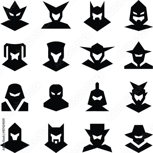 Set of sixteen black superhero mask silhouettes and geometric warrior helmet icons for gaming avatars and web design.