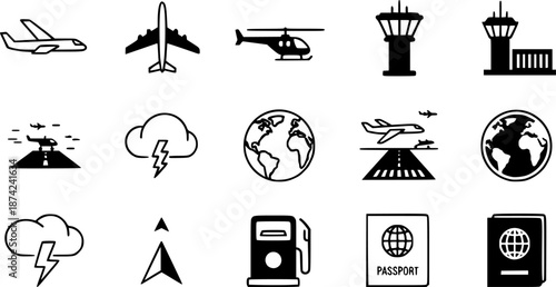 Set of aviation icons in a simple, clean, and modern style
