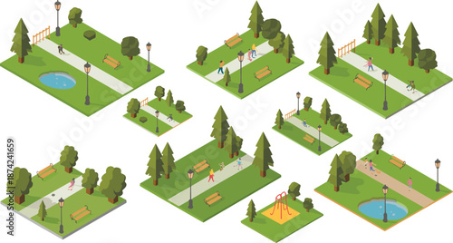 Isometric illustration of green city park with benches, street lamps, trees, walking paths, playground and small pond, outdoor recreation design