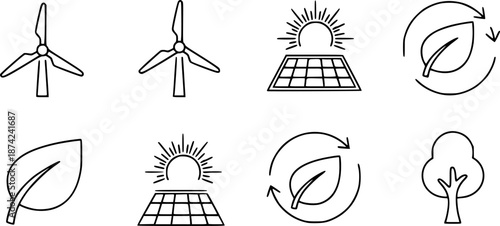 Clean energy icons representing wind, solar, and sustainable resources
