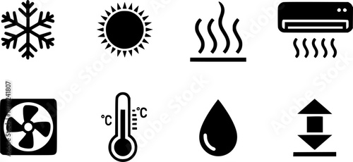 Air conditioning and climate control icons in a simple black and white style
