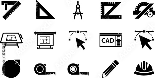 Architectural and design tools icons in a minimalist black and white style

