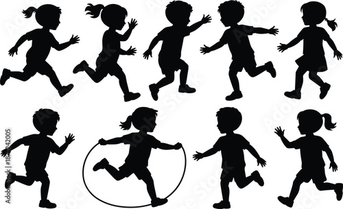 Black silhouettes of children running and jumping rope on white background