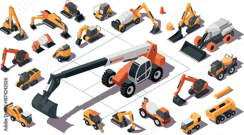 Isometric illustration of heavy construction machinery vehicles and equipment, including excavators, cement mixers, loaders, and dump trucks for industrial building projects