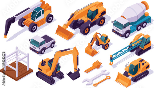 Isometric illustration of heavy construction machinery vehicles and equipment, including excavators, cement mixers, loaders, and dump trucks for industrial building projects