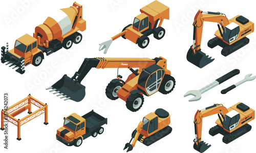 Isometric illustration of heavy construction machinery vehicles and equipment, including excavators, cement mixers, loaders, and dump trucks for industrial building projects