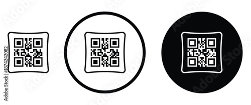 Three minimalist black and white QR code icons arranged horizontally on a transparent background. Left: standard square QR pattern. Center: QR inside thin white circle on black. Right: QR inside thick