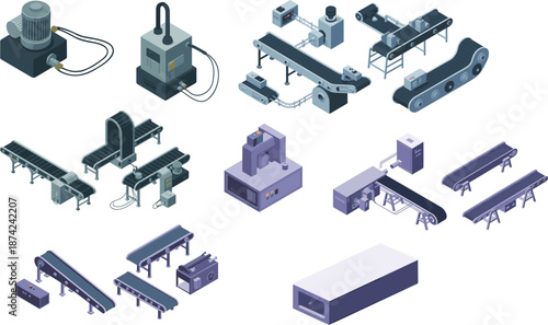 Isometric illustration of industrial conveyor belt system with factory machinery, automated manufacturing equipment, production line components, industrial automation background