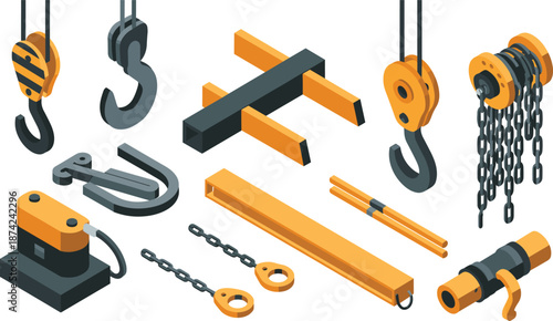 Isometric illustration of industrial lifting equipment and crane hooks, heavy machinery tools, construction components, mechanical engineering and industry concept