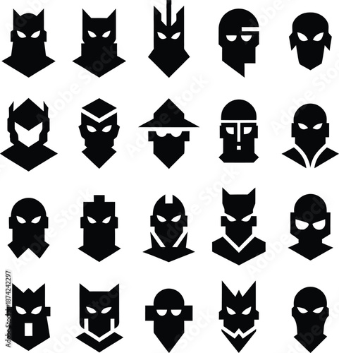 Set of twenty black and white superhero mask silhouettes and geometric helmet icons for gaming avatars and logos.