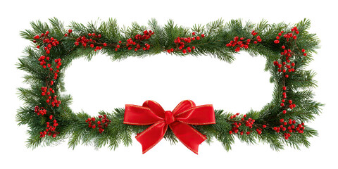 Rectangular Christmas garland frame with pine needles berries and a red ribbon bow isolated on transparent background.
