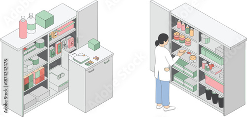 Isometric illustration of medical laboratory storage with scientist organizing equipment, medicine, and supplies in cabinets, healthcare and research concept