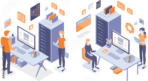 Isometric illustration of modern data center teamwork with servers, cloud computing, cybersecurity, software development, and network management in office environment