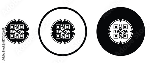 Three minimalist black and white QR code icons arranged horizontally on a transparent background. Left: standard square QR pattern. Center: QR inside thin white circle on black. Right: QR inside thick