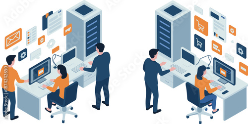 Isometric illustration of modern data center teamwork with servers, cloud computing, cybersecurity, software development, and network management in office environment