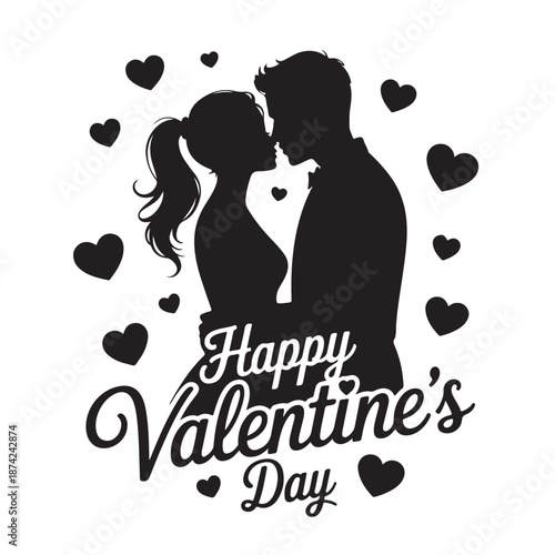 Romantic couple kissing surrounded by hearts on Valentine's Day