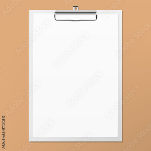 A4 office clipboard with metal hook sheet mockup. Vector illustration on colour background. Ready and simple to use for your design. EPS10.