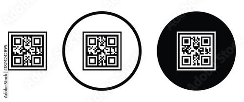 Three minimalist black and white QR code icons arranged horizontally on a transparent background. Left: standard square QR pattern. Center: QR inside thin white circle on black. Right: QR inside thick