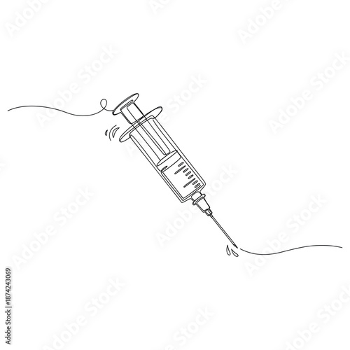 Minimalist line drawing of a syringe with leaking liquid, no editable stroke