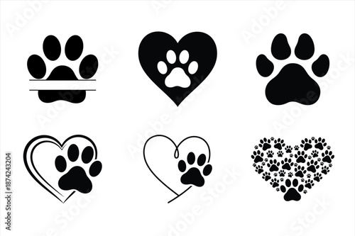 Pet Paw Print Heart Silhouette Vector Set For Dog And Cat Lovers