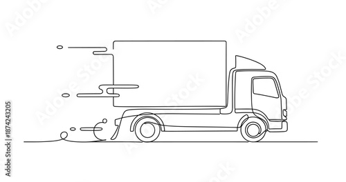 Line art of fast-driving delivery truck with speed lines, no editable stroke