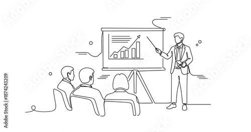 Business presentation with line graph by male presenter to mixed-gender audience, no editable stroke