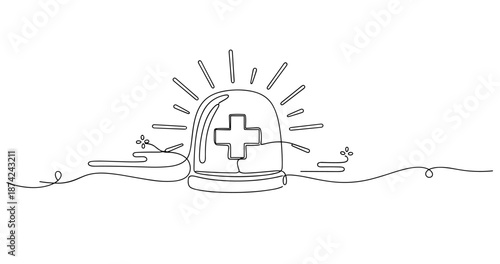 Minimalist first aid kit illustration with cross and light rays, no editable stroke